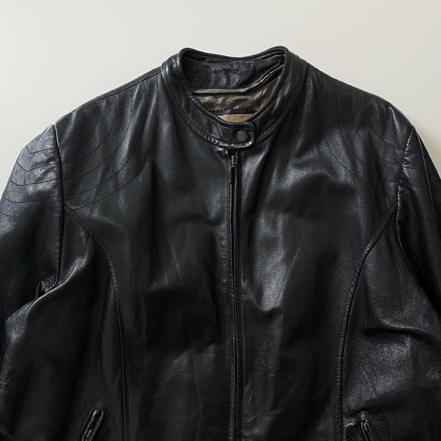 海外古着 レザー 本革 シングルライダースジャケット 4XL ブラック