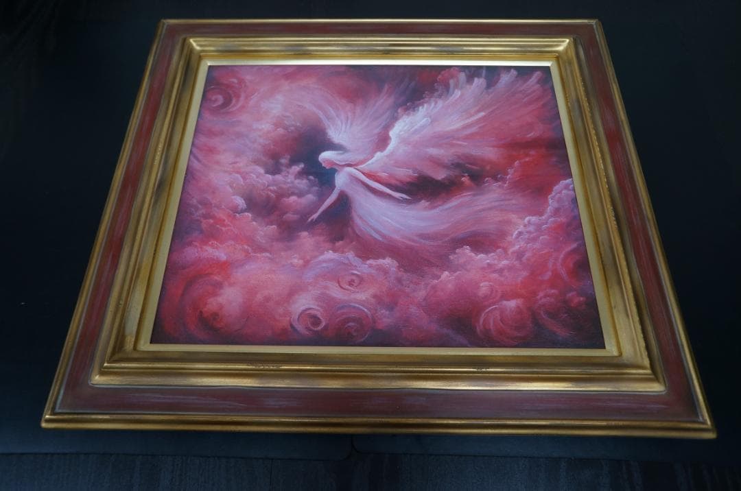 0003　絵画　天使の絵　赤　ピンク　額縁