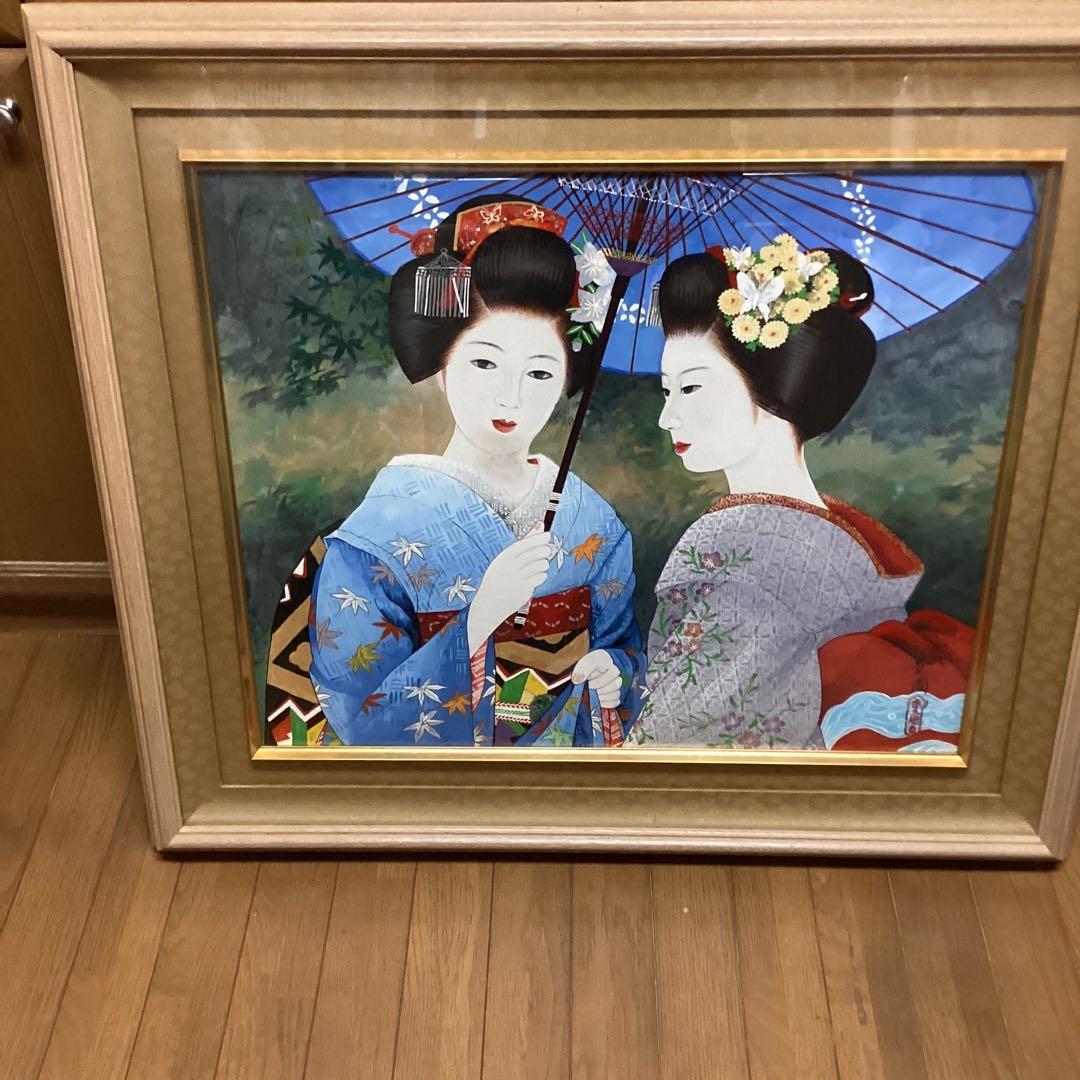 六代目歌川豊国作　　手描き　　日本画板画　題目　舞妓図　　額装仕立て