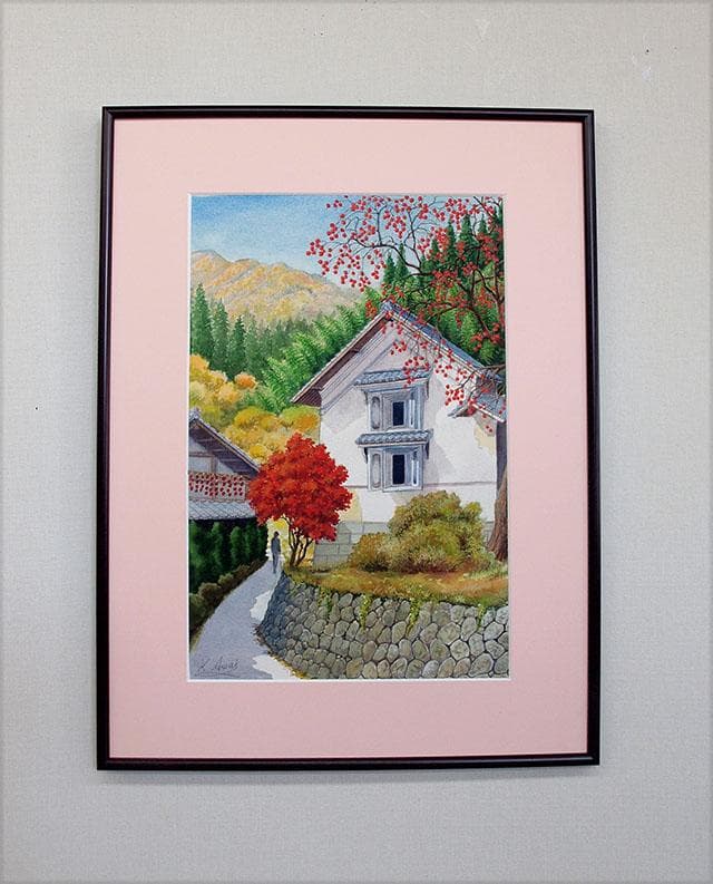 水彩画「柿みのるころー白壁土蔵」