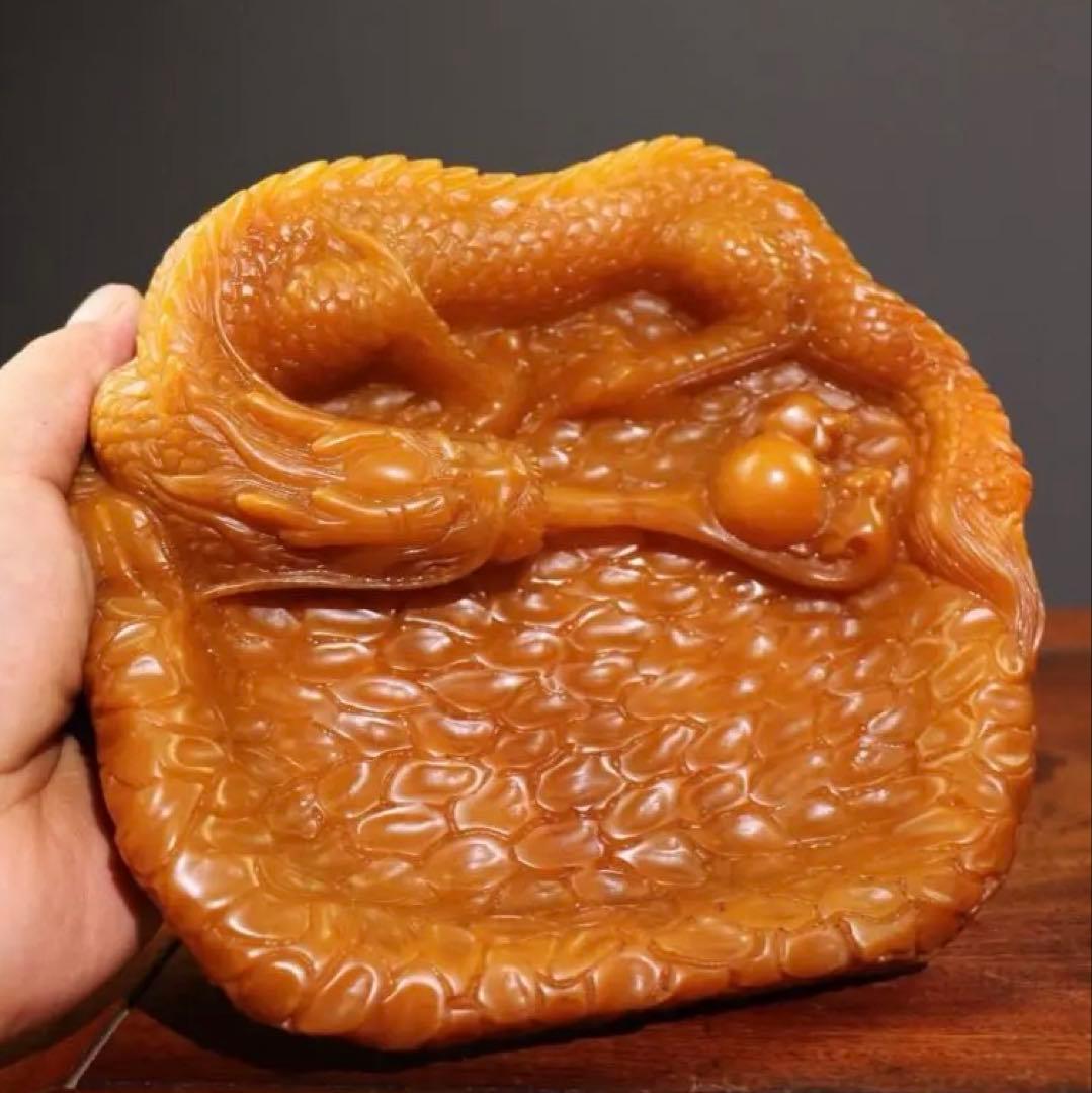 珍品 天然田黄石 水盂毛筆用 「龍騰盛世」 秋堂 作 彫刻 金龍文 文房具置物