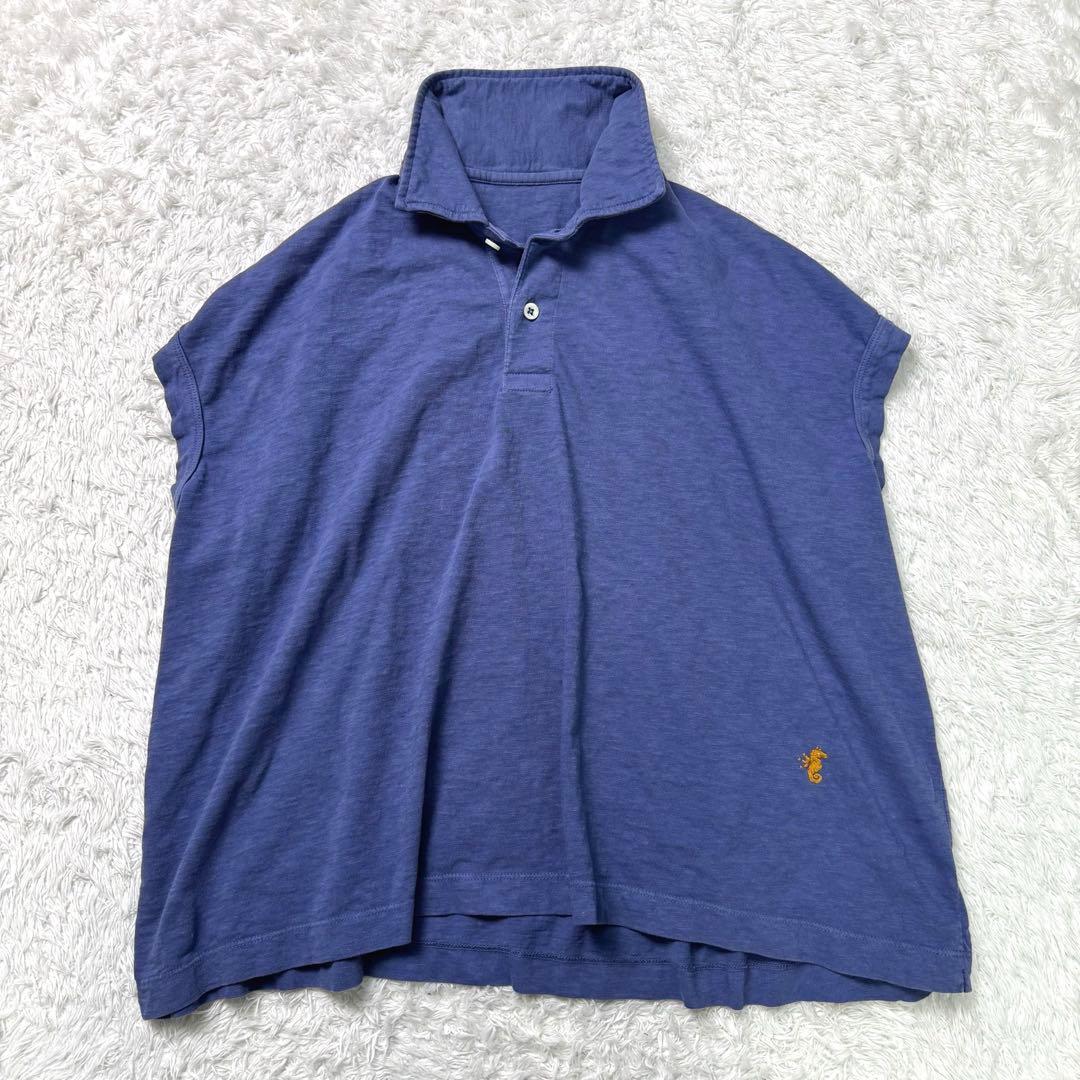 【美品】45R〈日本製〉ジンバブエコットンの45色天竺ポロシャツ　ロゴ刺繍　紺青