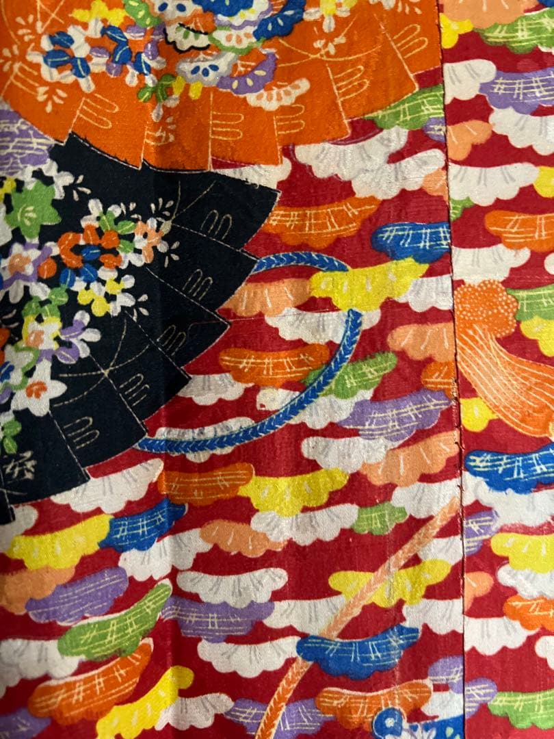 5303◆古布時代古裂アンティーク長襦袢朱色絞り染雲織柄赤に扇面松コレクションに