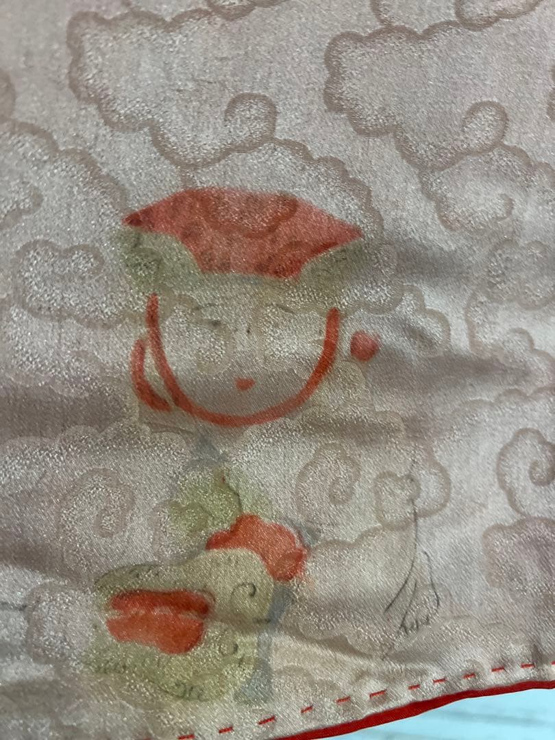 5303◆古布時代古裂アンティーク長襦袢朱色絞り染雲織柄赤に扇面松コレクションに