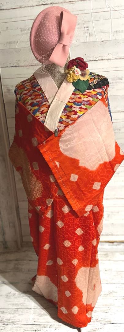 5303◆古布時代古裂アンティーク長襦袢朱色絞り染雲織柄赤に扇面松コレクションに