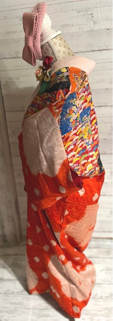 5303◆古布時代古裂アンティーク長襦袢朱色絞り染雲織柄赤に扇面松コレクションに