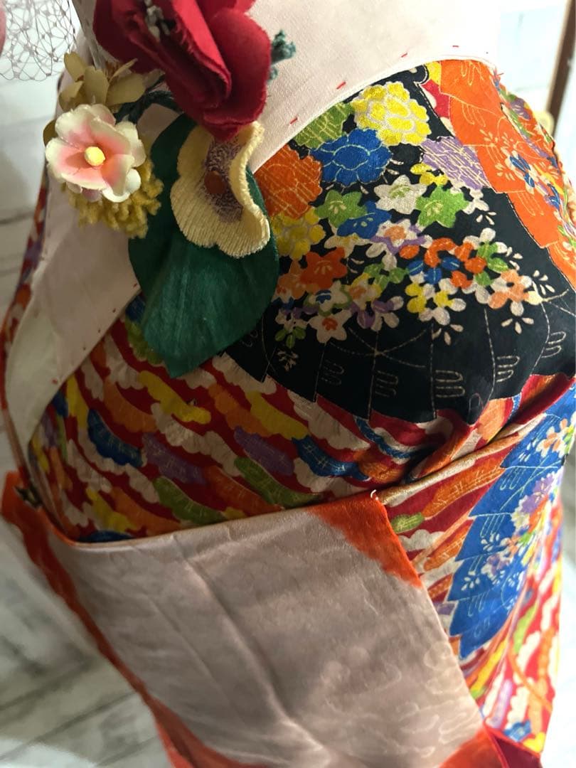 5303◆古布時代古裂アンティーク長襦袢朱色絞り染雲織柄赤に扇面松コレクションに