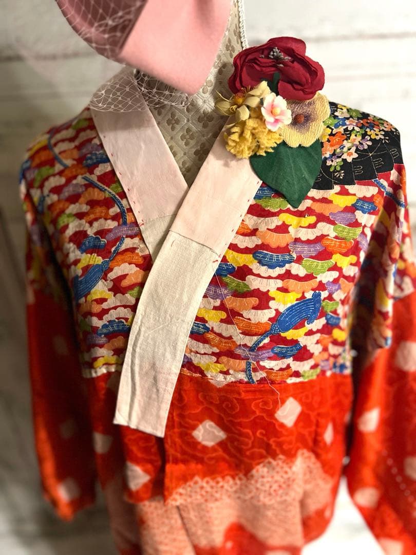 5303◆古布時代古裂アンティーク長襦袢朱色絞り染雲織柄赤に扇面松コレクションに