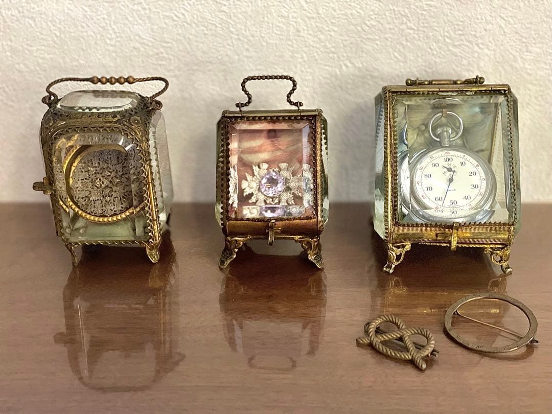 フランス　アンティーク　ジュエリー　ケース　ボックス　懐中時計　真鍮　ガラス