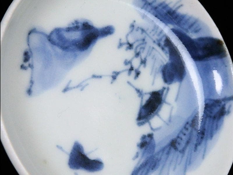 古伊万里　染付　東屋に山水の図　豆皿　A883AS-BWp