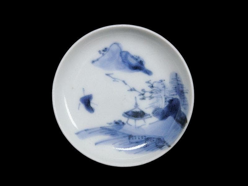 古伊万里　染付　東屋に山水の図　豆皿　A883AS-BWp