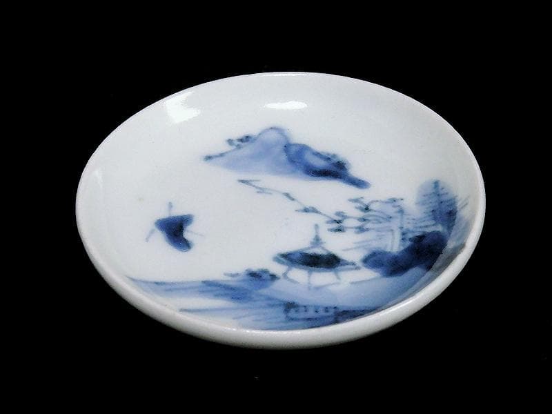 古伊万里　染付　東屋に山水の図　豆皿　A883AS-BWp