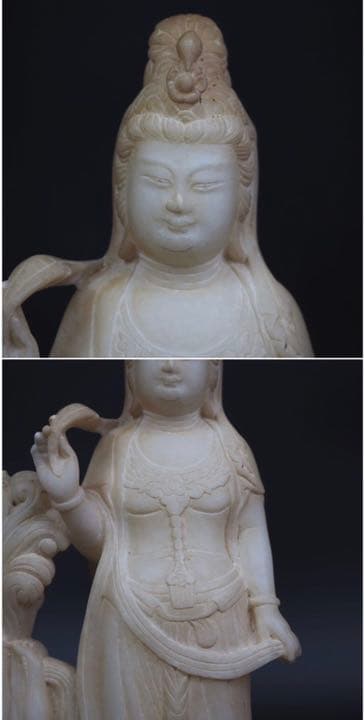 送料無料　古い白石彫刻 龍頭観音菩薩立像 箱付 中国古玩 仏教美術