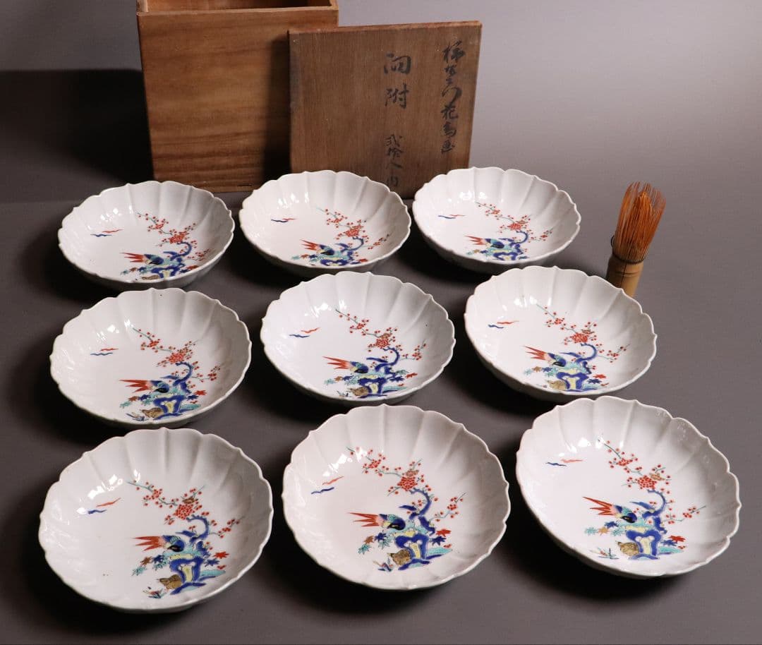 時代 柿右衛門様式 古伊万里 花鳥 輪花色絵皿九客 なます皿 向付 MA318