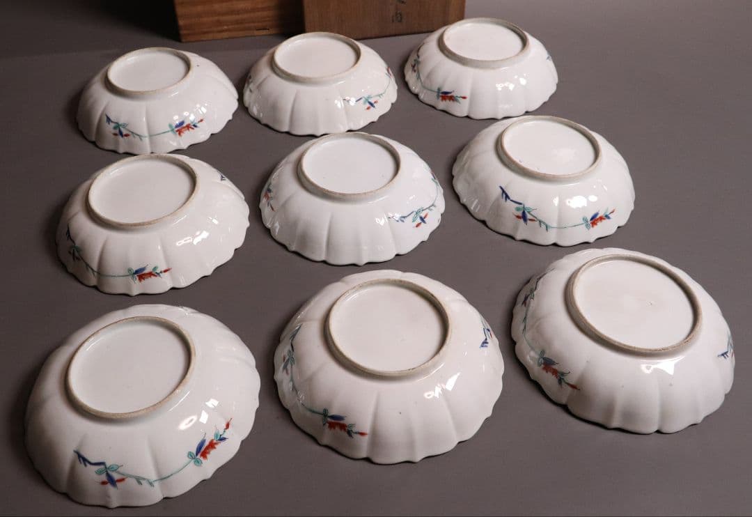 時代 柿右衛門様式 古伊万里 花鳥 輪花色絵皿九客 なます皿 向付 MA318