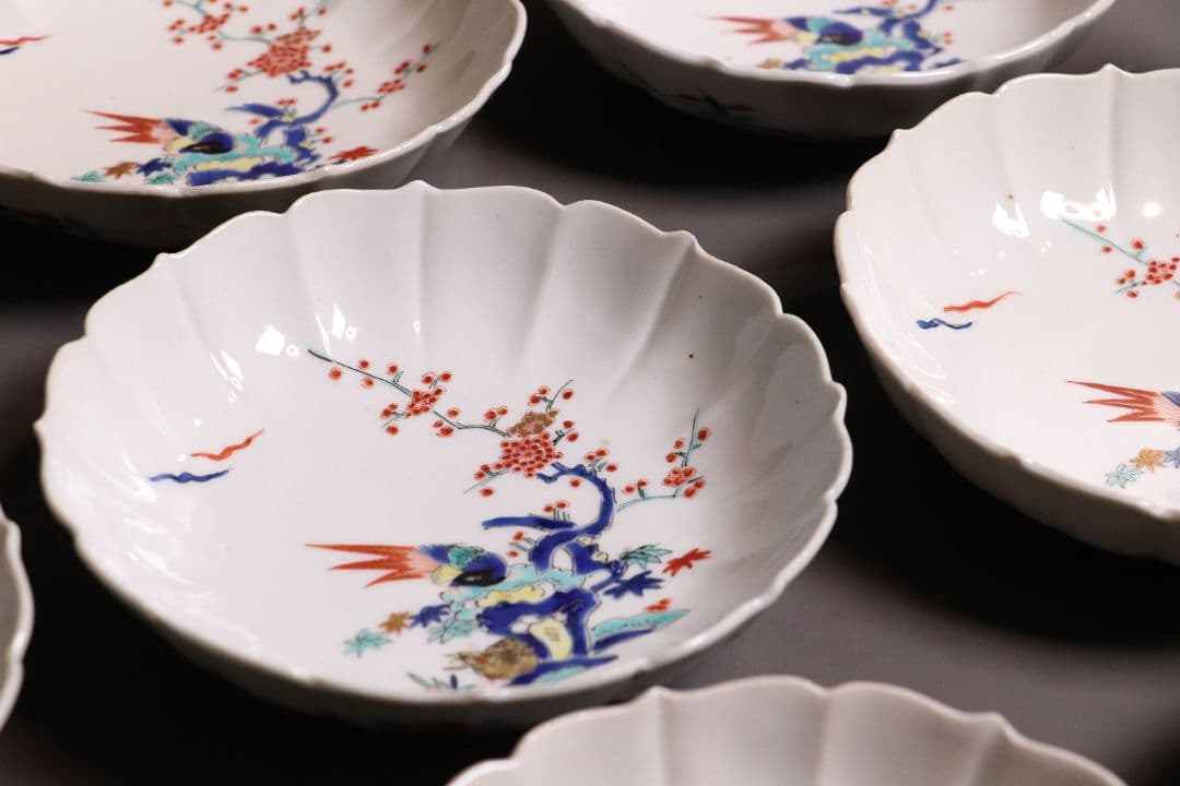 時代 柿右衛門様式 古伊万里 花鳥 輪花色絵皿九客 なます皿 向付 MA318