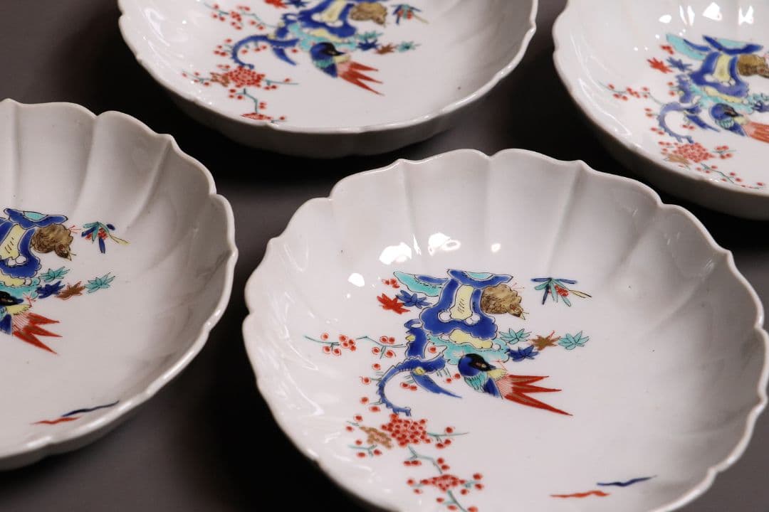 時代 柿右衛門様式 古伊万里 花鳥 輪花色絵皿九客 なます皿 向付 MA318