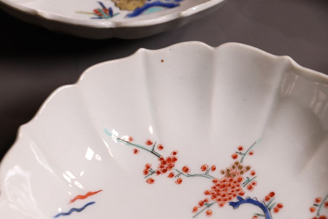 時代 柿右衛門様式 古伊万里 花鳥 輪花色絵皿九客 なます皿 向付 MA318