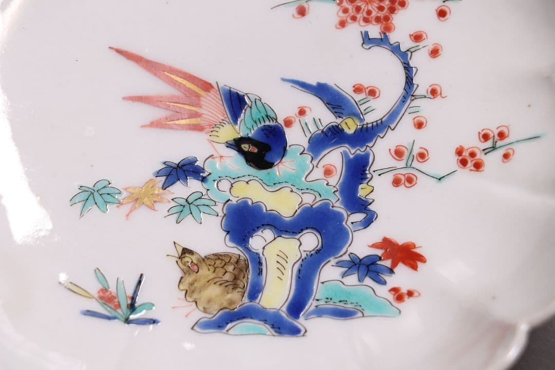 時代 柿右衛門様式 古伊万里 花鳥 輪花色絵皿九客 なます皿 向付 MA318
