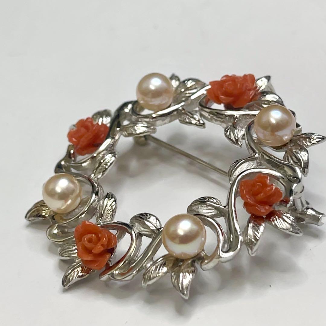 美品！アコヤ真珠×赤珊瑚 薔薇彫刻 シルバーブローチ＆ペンダントトップ 925