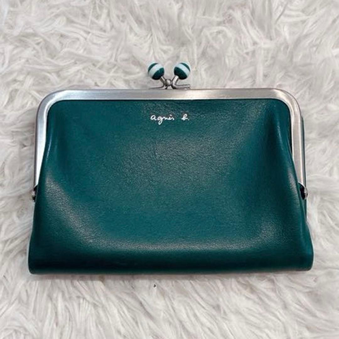 【美品】agnes b. レザー　がま口　二つ折り財布　グリーン