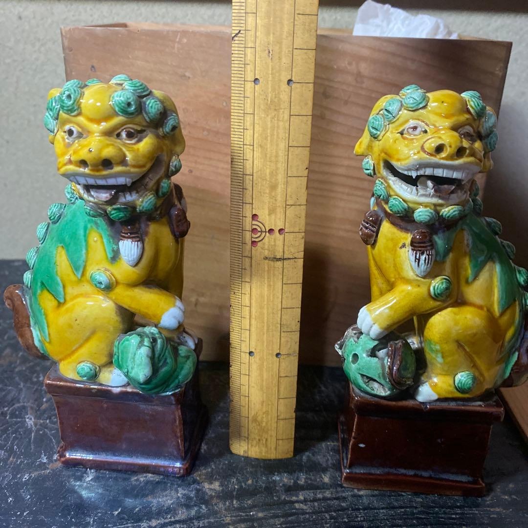 中国古玩　唐獅子一対【桐箱付】