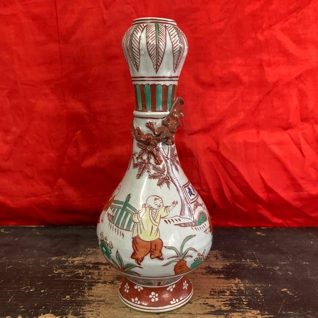 中国　色絵　蒜頭瓶　童子図　大明隆慶年造銘