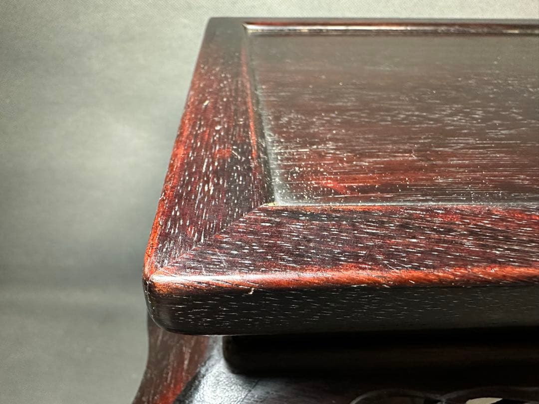 紫檀　唐草透彫　四方高脚花台　唐木二重天板如意巻足飾台　盆栽台　高卓アンティーク