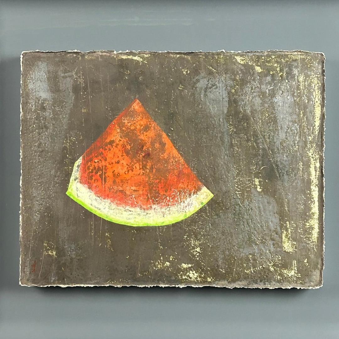 美品 来野月乙「西瓜」染色絵 共シール有 直筆サイン入 立体額 京都の染色作家