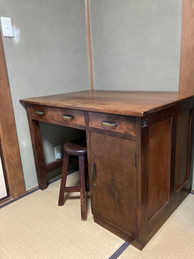 アンティーク　木製片袖机 引き出し付き