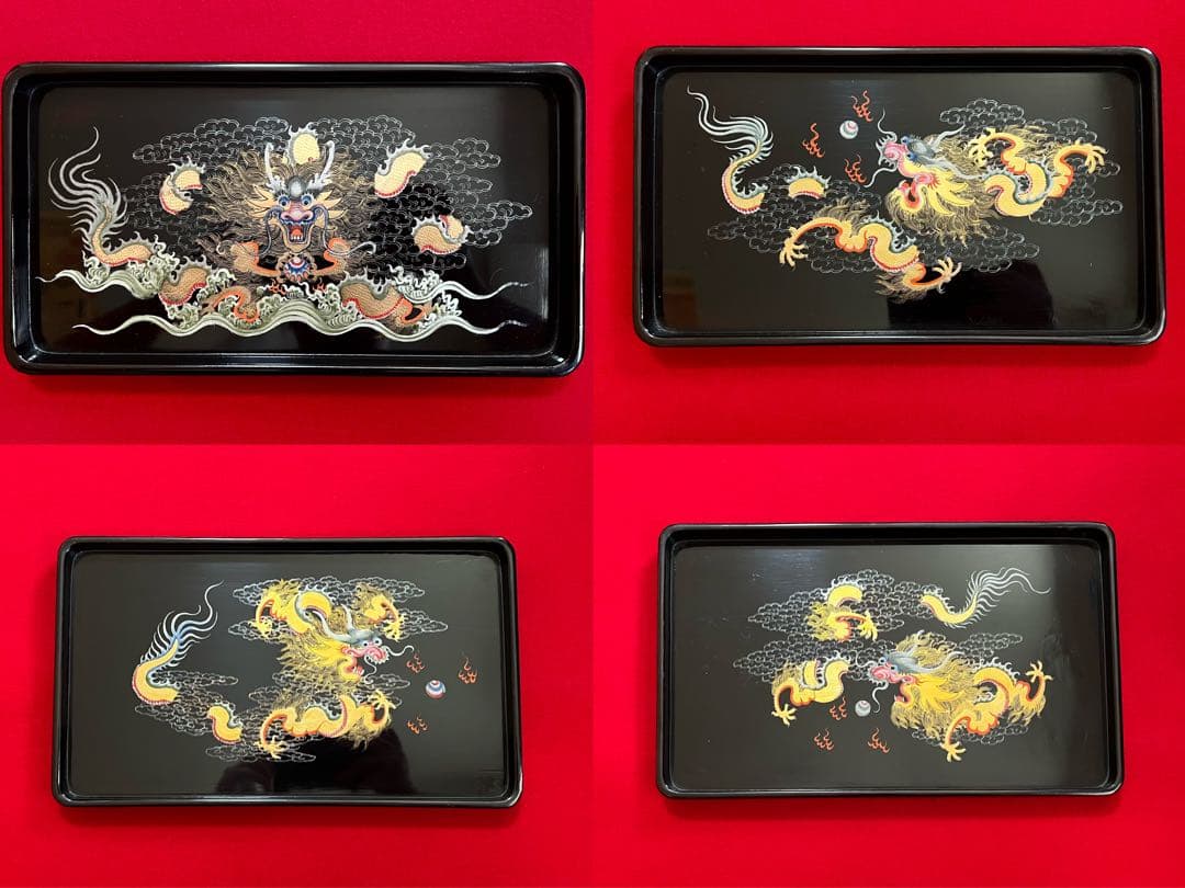 中国美術 龍吐珠紋樣 漆器 木製 漆塗り お盆 角盆 茶托盤4枚セット