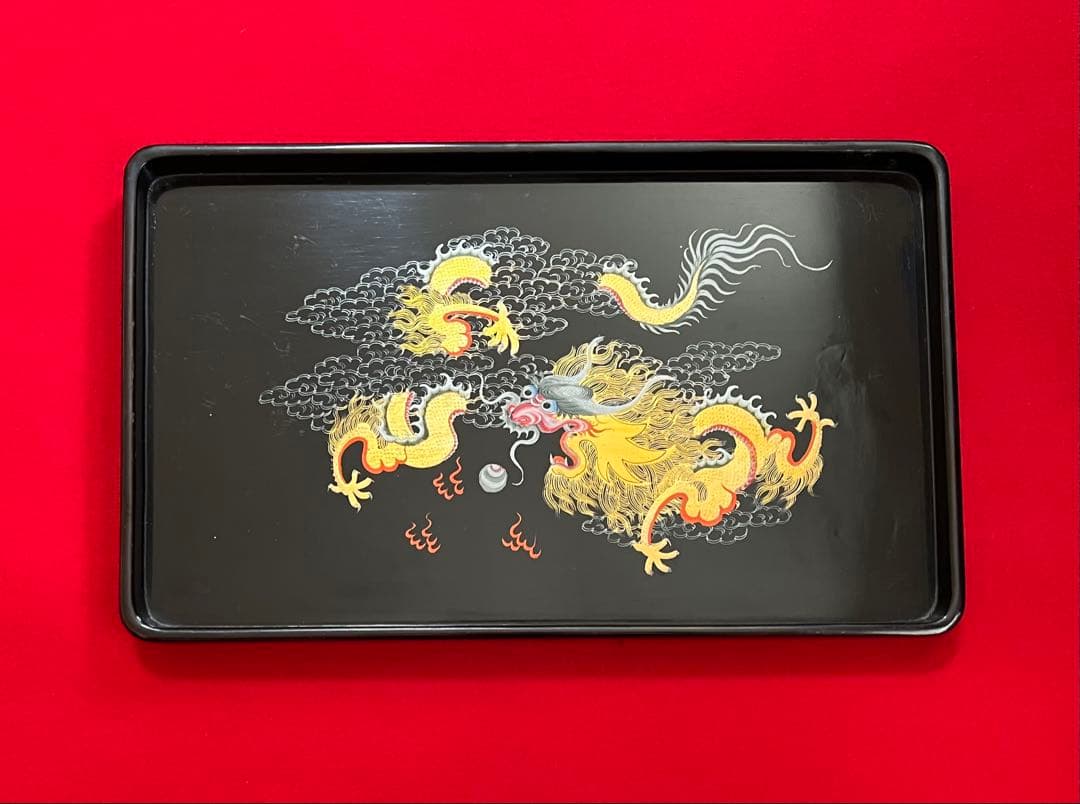 中国美術 龍吐珠紋樣 漆器 木製 漆塗り お盆 角盆 茶托盤4枚セット