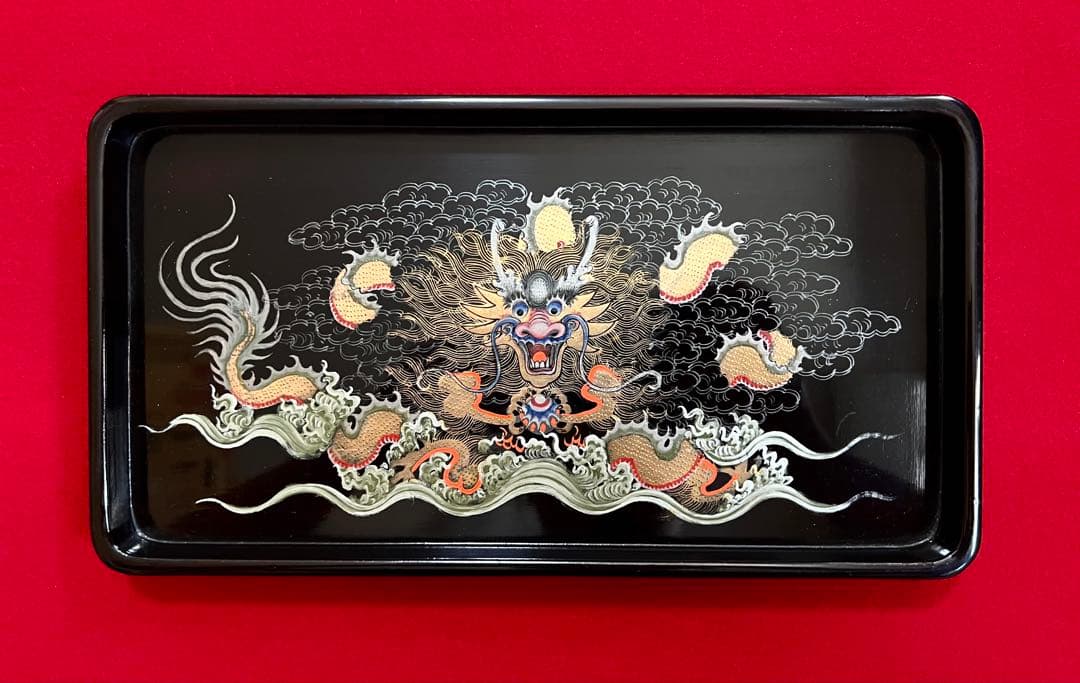 中国美術 龍吐珠紋樣 漆器 木製 漆塗り お盆 角盆 茶托盤4枚セット