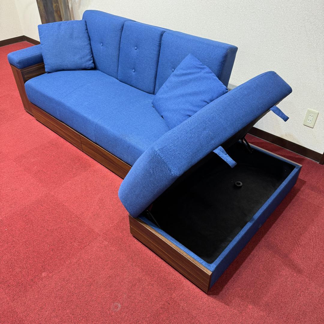 東京23区送料無料 美品モダンデコ二人掛けソファー／ベッド　収納有ネイビーブルー
