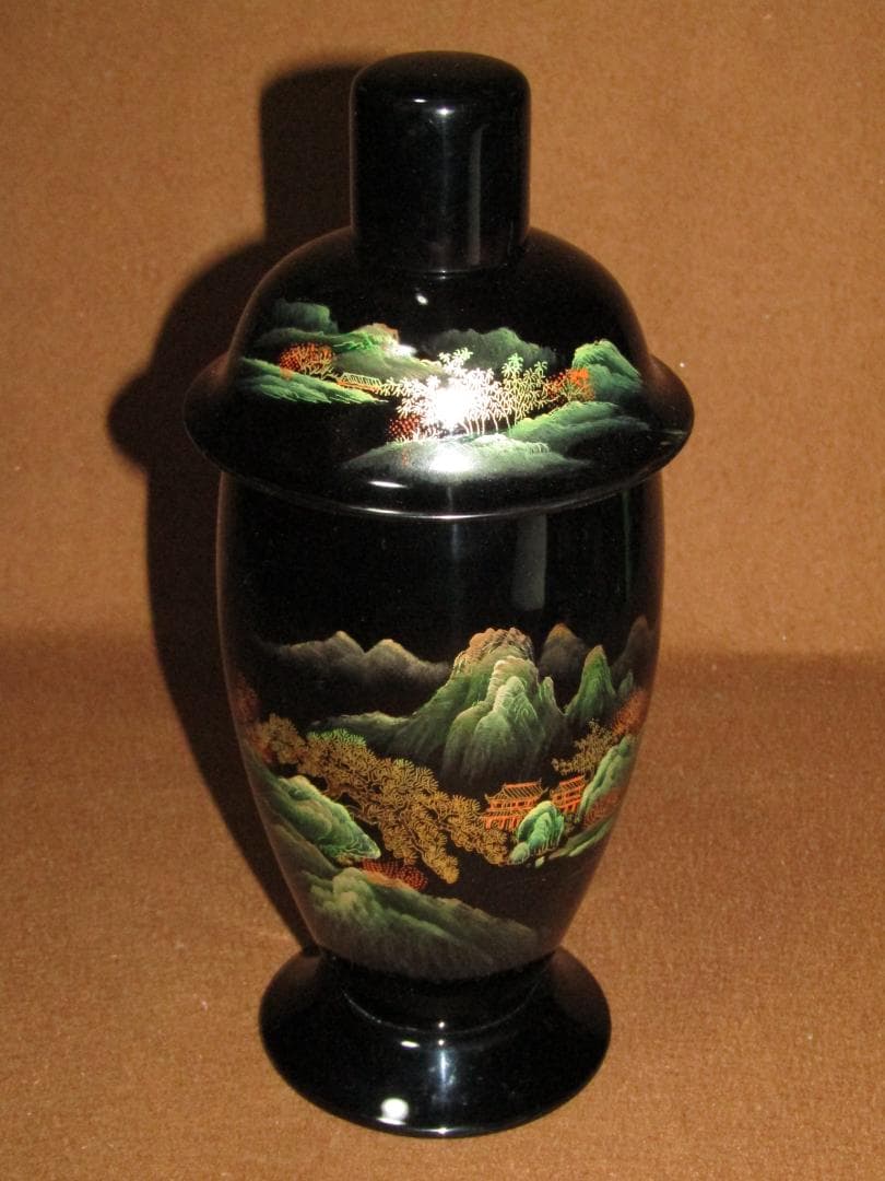 【中国漆器　山水図蒔絵　洋酒器揃　リキュールグラス・シェーカー・トレイ】未使用品