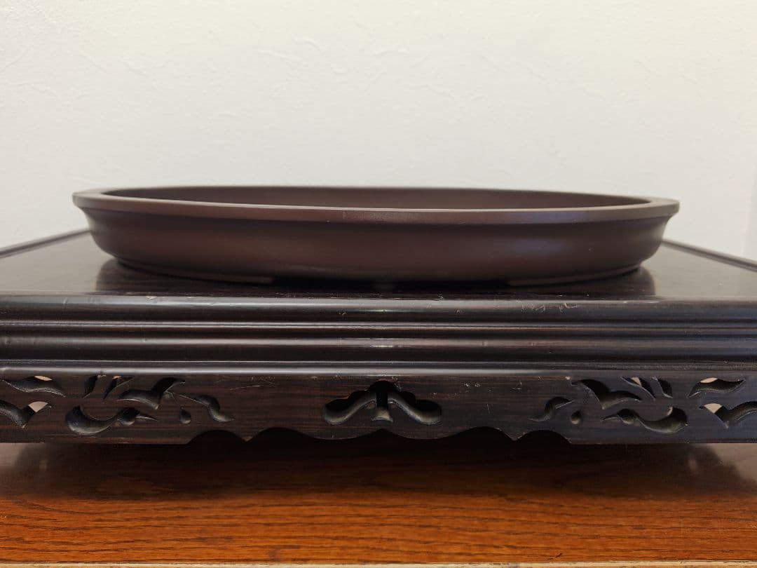 陶器製楕円形盆栽鉢 約48cm x 36cm×5cm　山秋　薄型・大型盆栽鉢