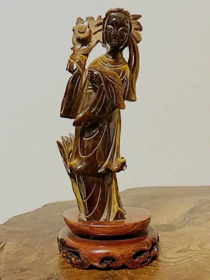中国美術 時代 虎目石 タイガーアイ 女人彫刻像 仏像 唐木台付き 処分価格
