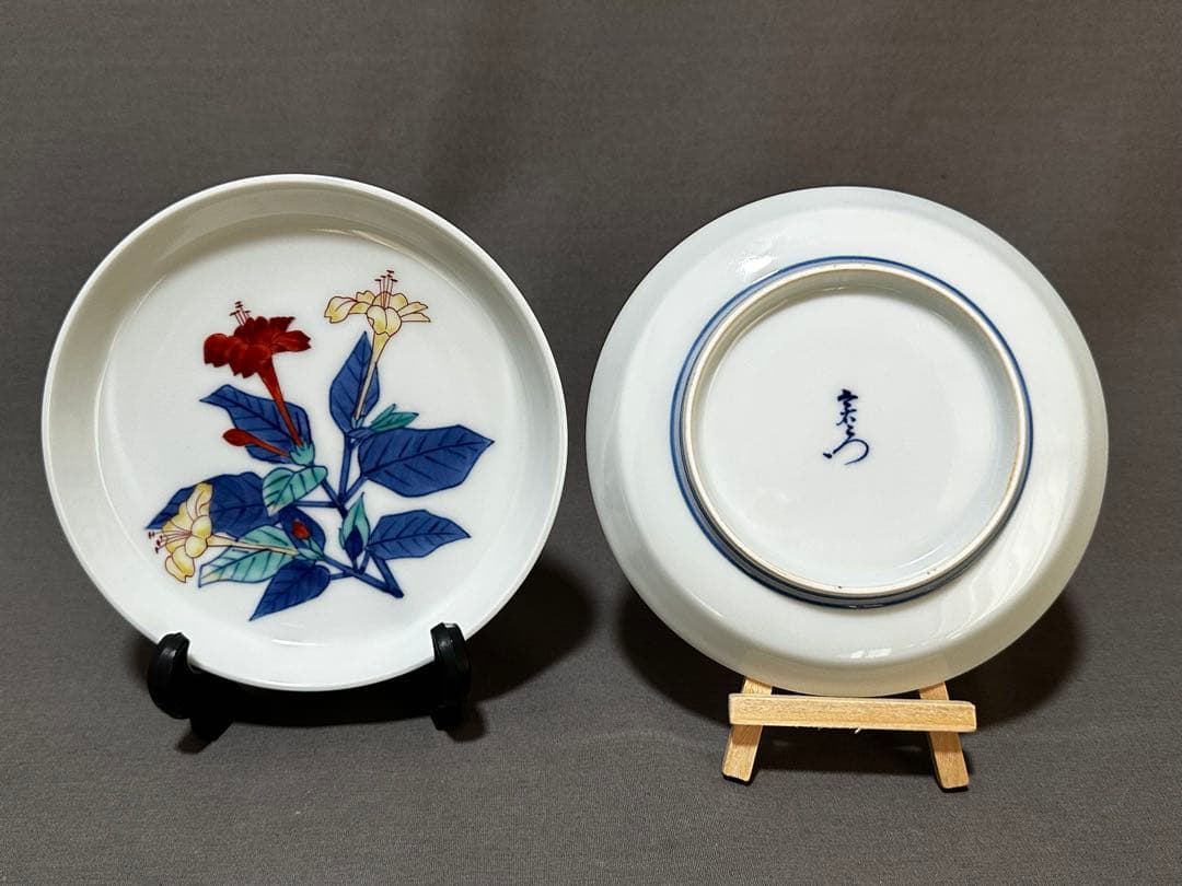 人間国宝 重要無形文化財 十三代今泉今右衛門 錦白粉花絵 銘々皿 五客