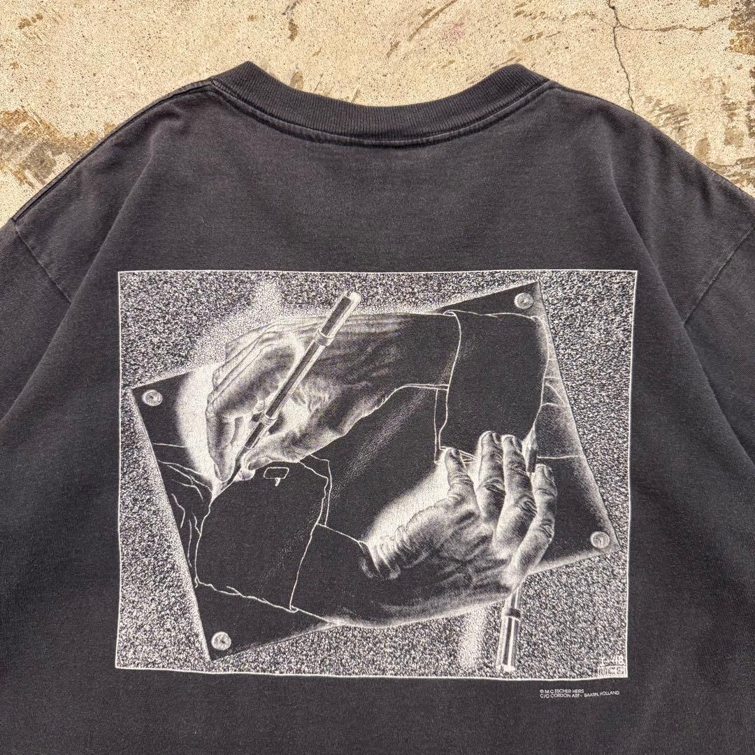 90年代 MCエッシャー　描く手　tシャツ　古着　M フェード