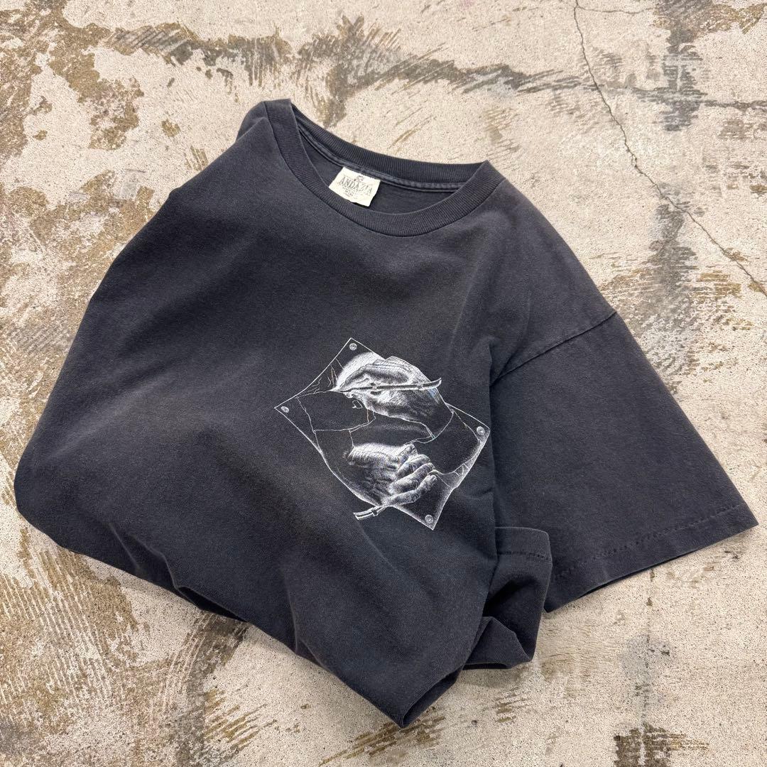 90年代 MCエッシャー　描く手　tシャツ　古着　M フェード