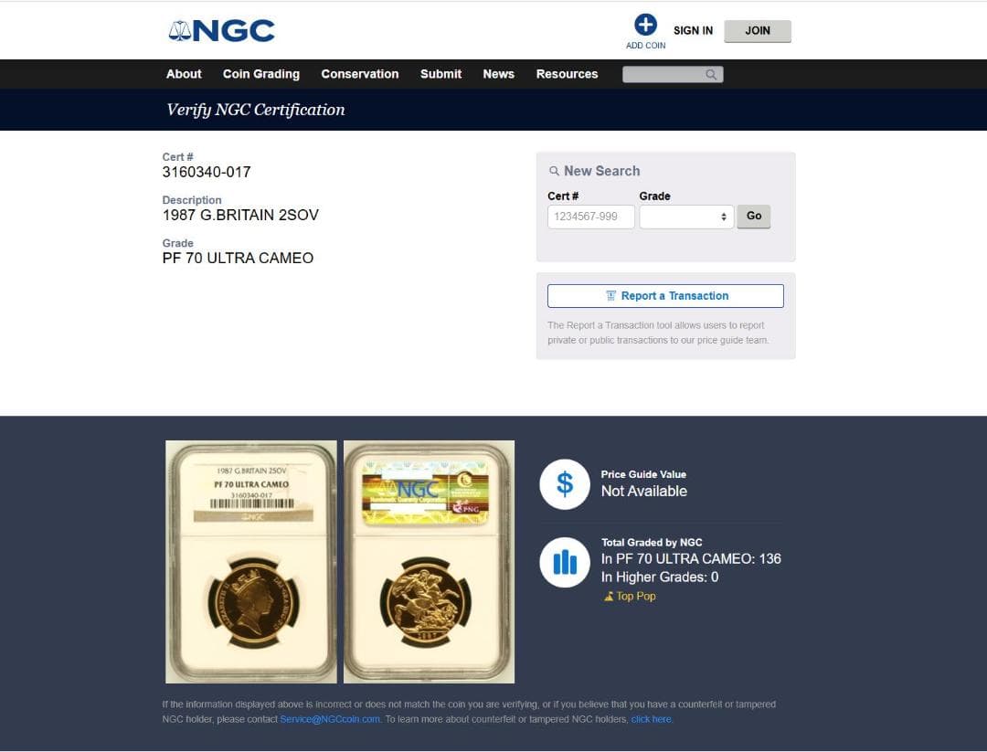 1987年/イギリス/PF70/ミドルエリザベス/金貨/2ソブリン/NGC