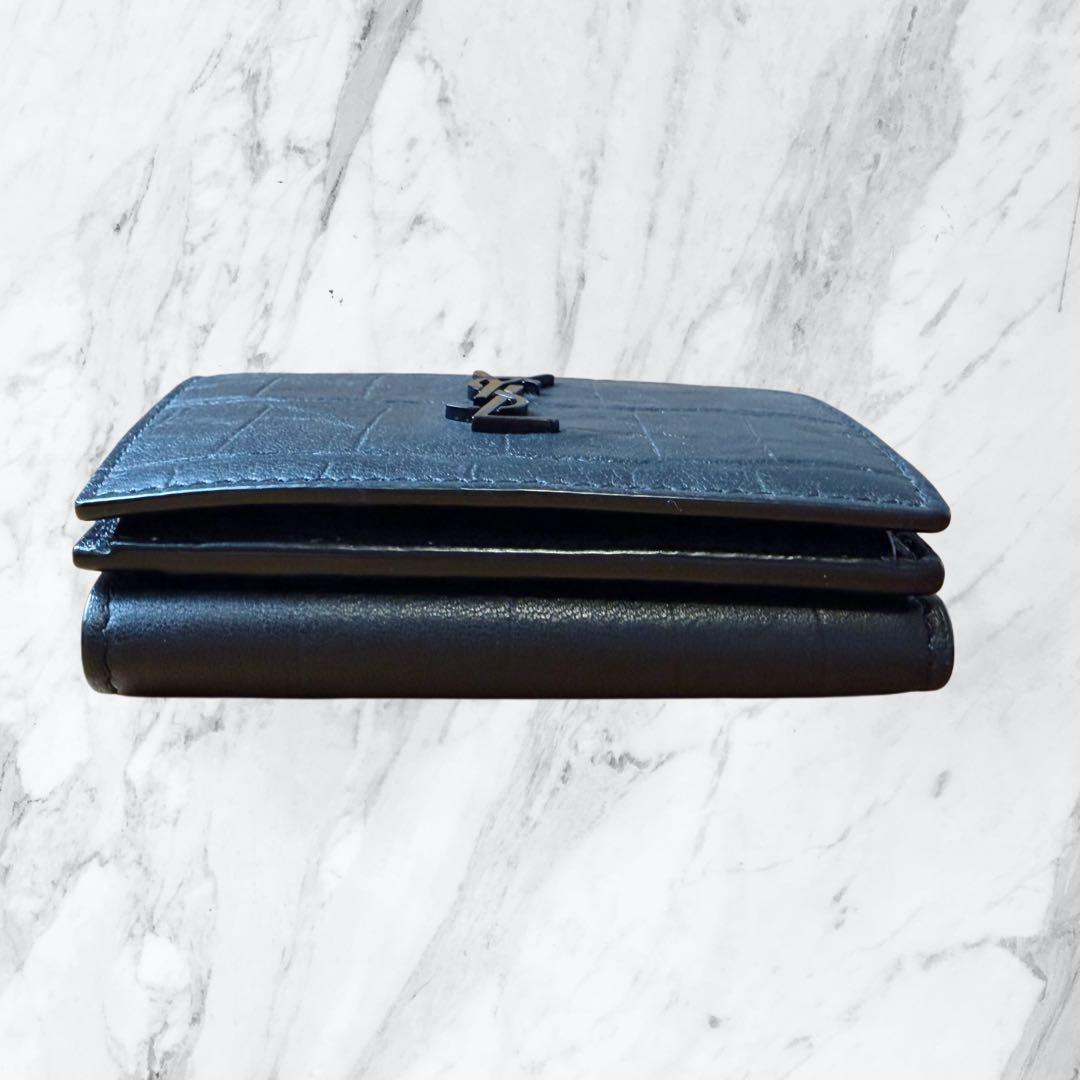 極美品✨サンローラン YSL カサンドラ クロコ型押し 三つ折り財布 黒