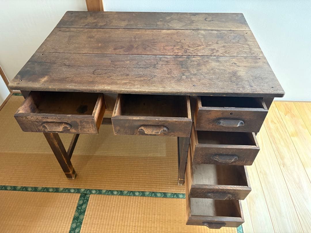 アンティーク木製文机 6引き出し