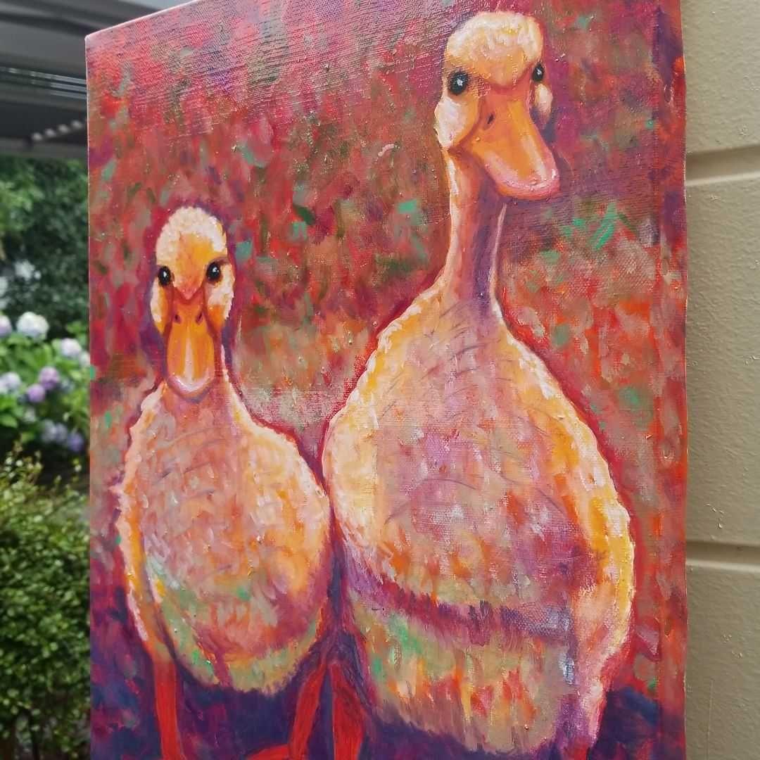 油絵　専用　夕方　寄りそって帰るアヒルの恋人たち