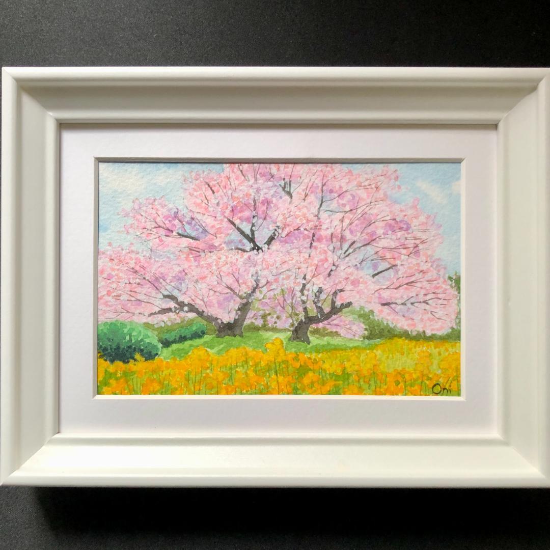 あん　透明水彩画　原画「狩宿の下馬桜」額縁付＋原画3点　はがきサイズ
