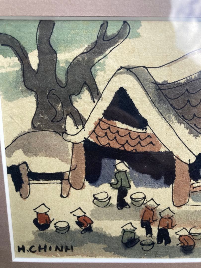 H. CHINH 農村風景 絵画 木製フレーム付き