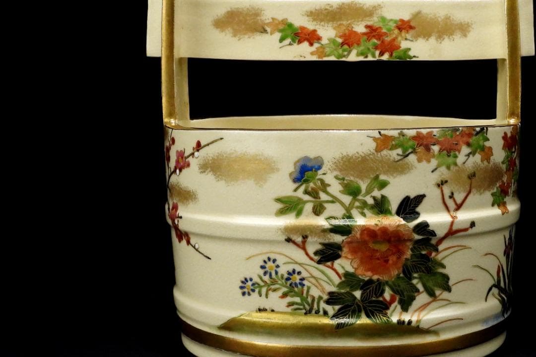 時代 薩摩焼 金彩色絵 花卉紋 手桶 水指 煎茶道具