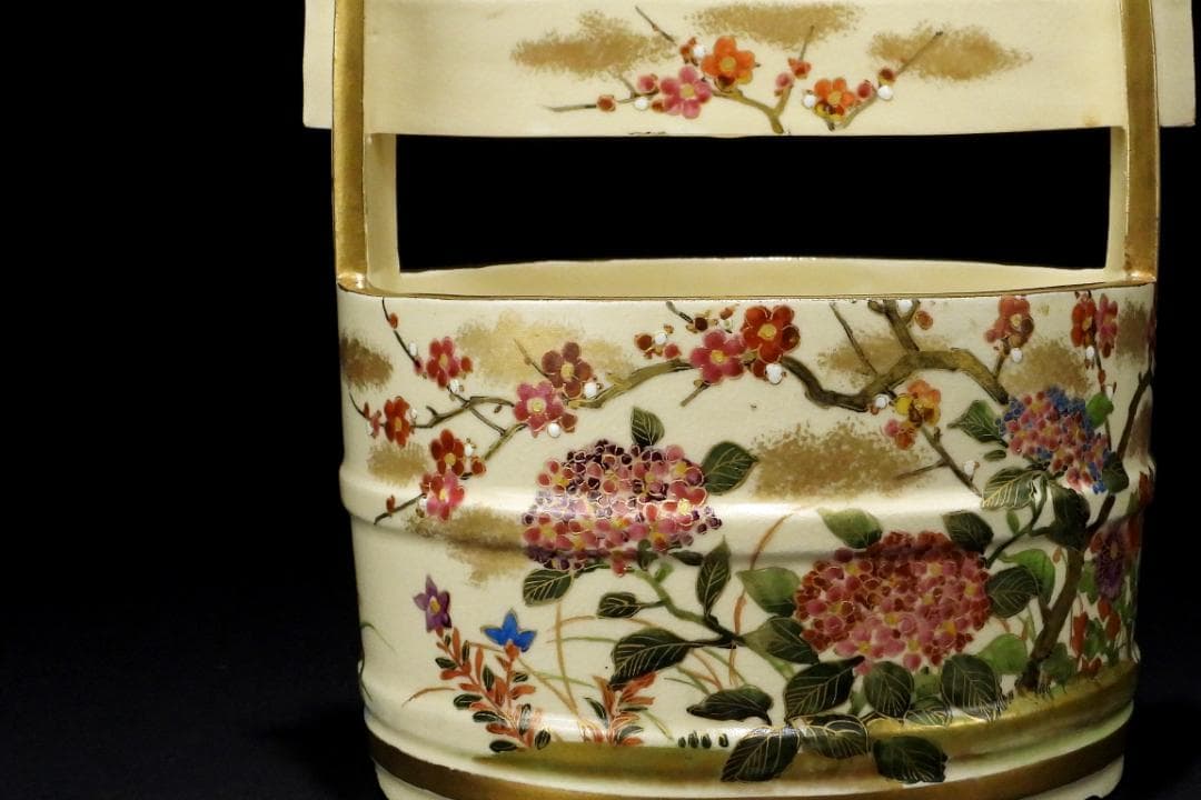 時代 薩摩焼 金彩色絵 花卉紋 手桶 水指 煎茶道具