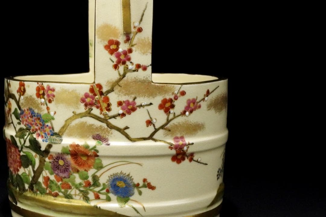 時代 薩摩焼 金彩色絵 花卉紋 手桶 水指 煎茶道具