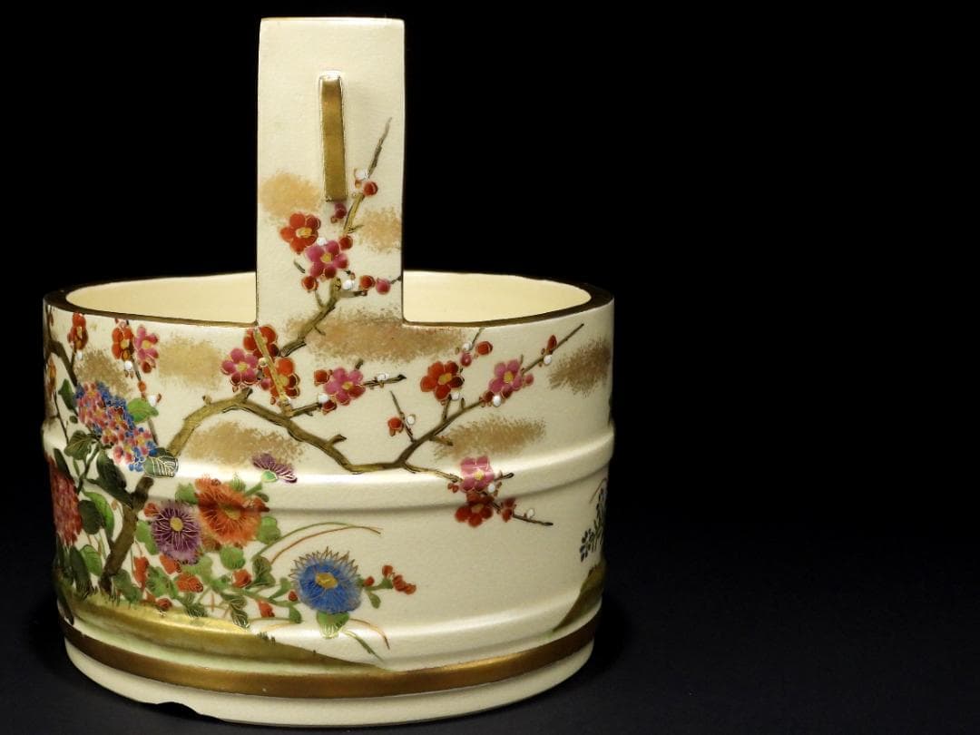 時代 薩摩焼 金彩色絵 花卉紋 手桶 水指 煎茶道具